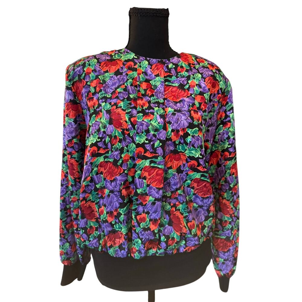 Vintage 80s Michelle Stuart Floral Blouse Bomber Top - Size 6